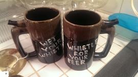 Vintage "Wet your whistle" ceramic beer steins - with built in whistle!