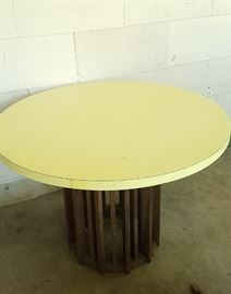cool yellow formica table with modern (teak?) wood base
