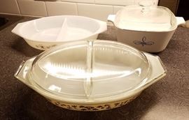 assortment of fire king and pyrex baking/storage dishes