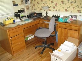 corner desk, and office supplies