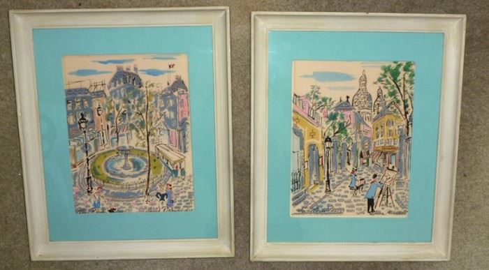 Pair of framed Mid-Century Paris scenes (possible serigraphs), by Claude Rodewald