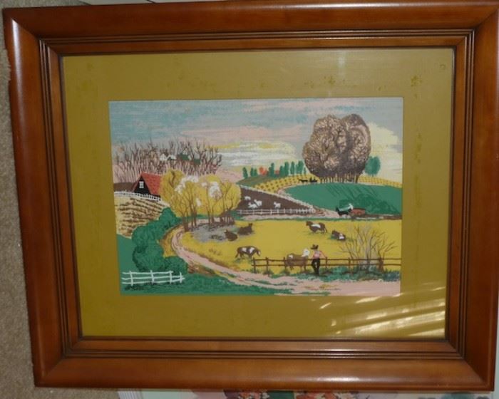 One of a pair of Margo Alexander serigraphs in original frame. Circa 1940's-early 1950's