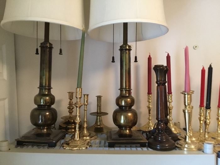 Stiffel lamps & collection of brass Williamsburg or Baldwin's brass candlesticks