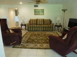 Century Furniture sofa, Safavieh rug,LazBoy recliners, cut glass lamps, Asian brass top carved wood base
