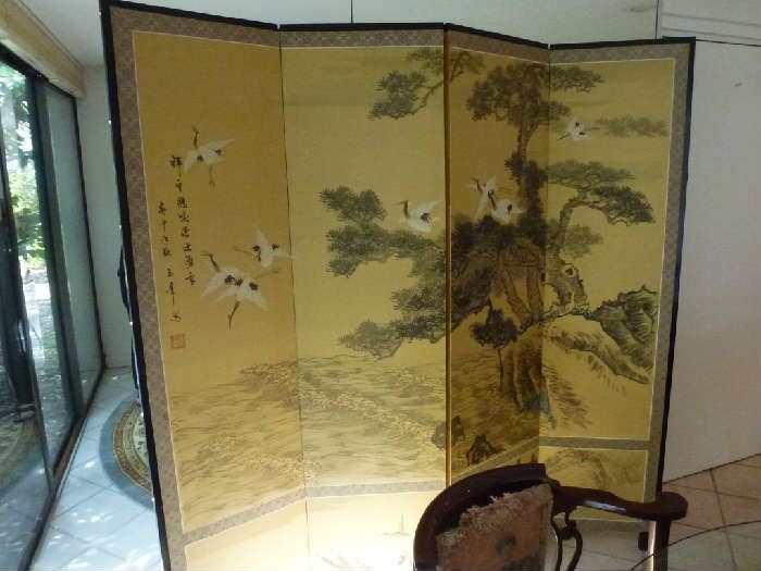 Asian signed 4panel screen, sandhill cranes