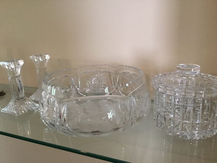 Gorgeous cut glass bowl, Waterford candlestick, more!