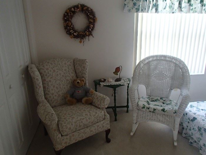 wicker rocking chair, wing back chair