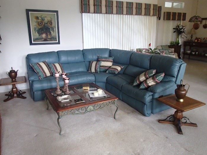 living room: teal section with end recliners, pair end tables, coffee table 