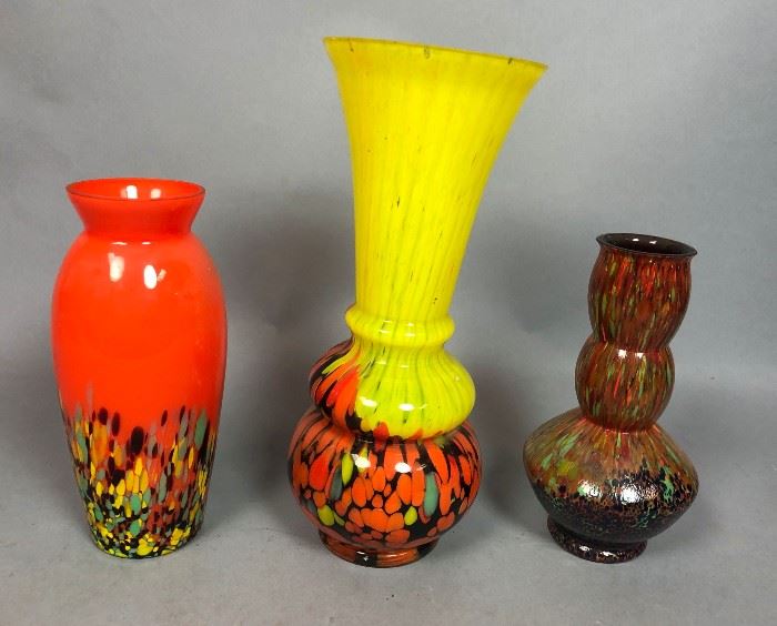 Lot 14 3pc Lot Czech Glass Vases. Art Deco End of Day Gl