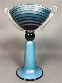 Lot 16 Tall Modernist Art Glass Compote Vase. Satin Blue