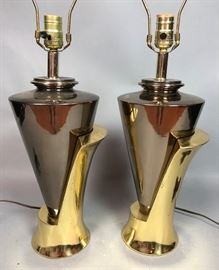 Lot 93 Pr Two Tone Chrome  Brass Table Lamps. Modernist