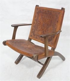 Lot 107 Tooled Leather Wood Frame Lounge Chair. Chair Fol
