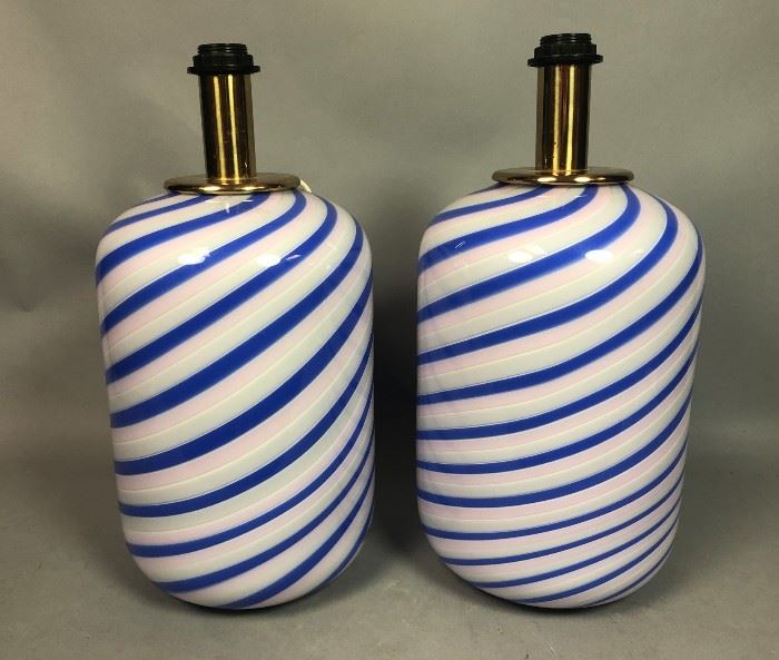 Lot 117 Pr Italian Glass Table Lamps. Blue  Pink Stripes