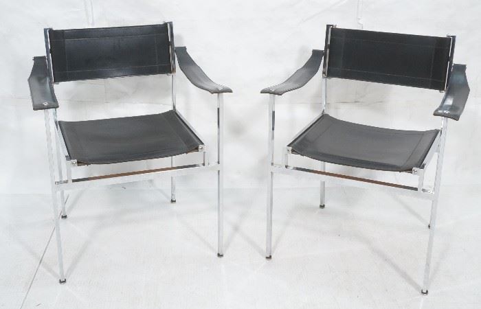 Lot 123 Pr Black Leather Strap Chrome Frame Lounge Chairs