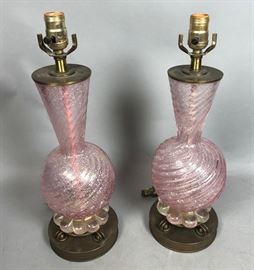 Lot 214 Pr Pink Murano Italian Glass Table Lamps. Flared 
