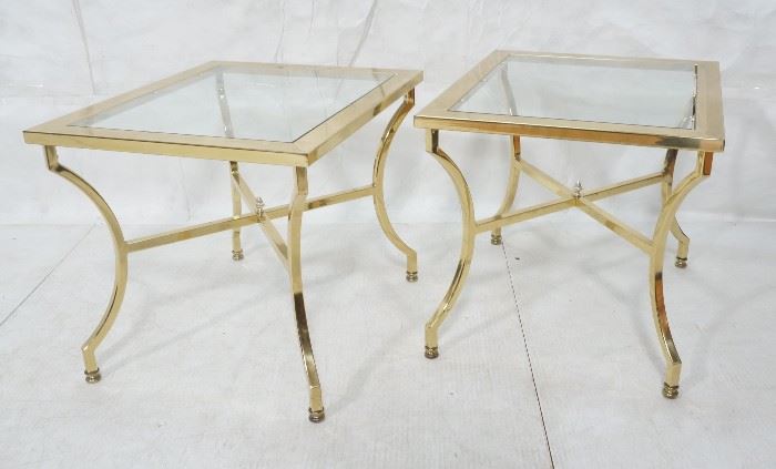 Lot 229 Pr Brass and Glass Regency Style End Tables. Bowe