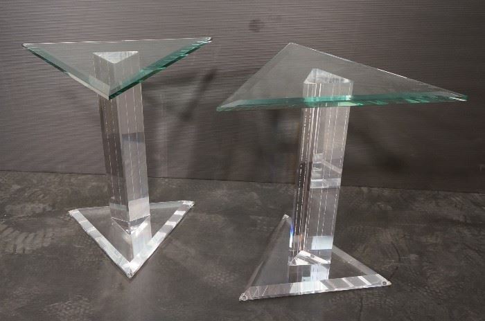 Lot 271 Pr Triangular Glass Top Lucite Side End Tables. B