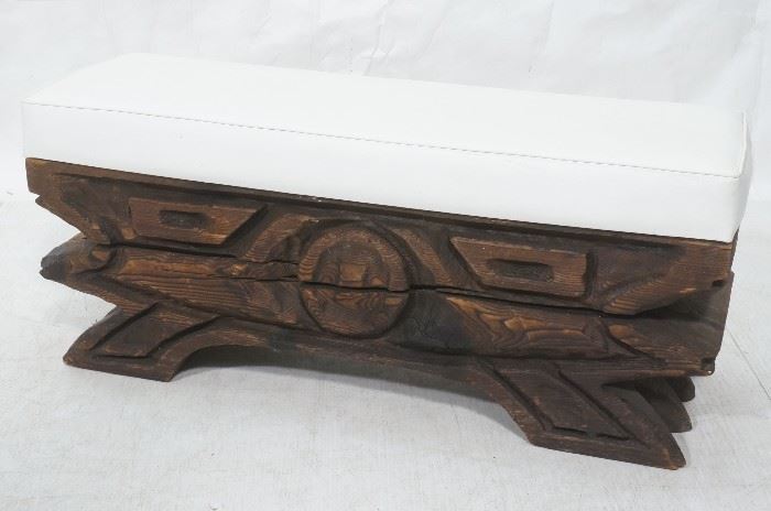 Lot 274 WITCO Carved Wood Bench. Thick white vinyl seat c