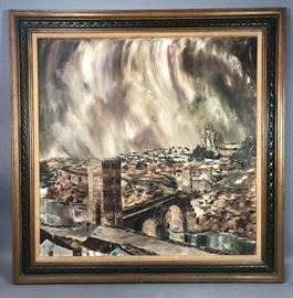 Lot 307 ROBERT LEBRON Oil Painting. Moody Townscape with 
