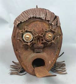 Lot 359 Figural Birdhouse. Rusted Metal Head with extende