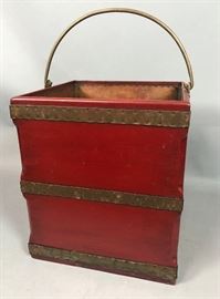 Lot 360 Red Lacquered Square Bucket. Brass Straps  Handl