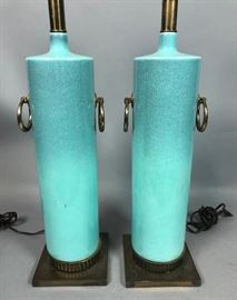 Lot 369 Pr Aqua Turquoise Pottery Column Table Lamps. Bra