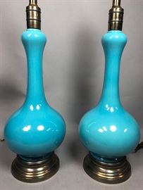 Lot 372 Pr Deep Aqua Turquoise Ceramic Table Lamps. Long 