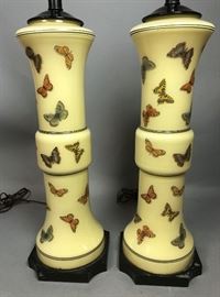 Lot 380 Pr Yellow Glass Table Lamps Butterfly Decals. 