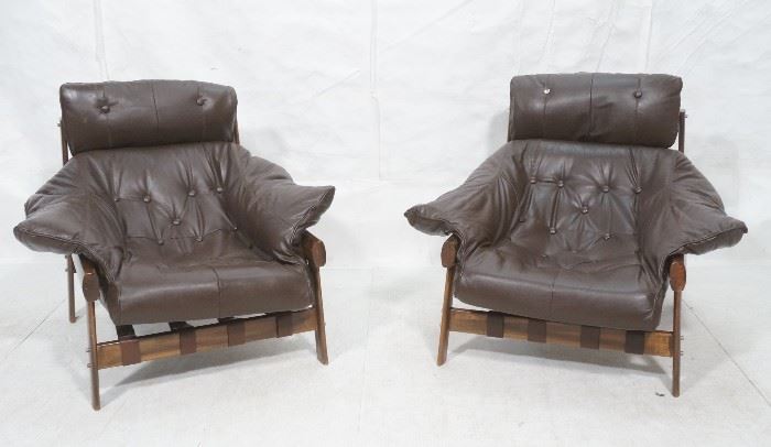 Lot 406 Pr LAFER Style Brown Leather Lounge Chairs. Overs