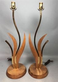 Lot 414 Pr Figural Modernist Table Lamps. Brass  wood le