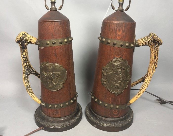 Lot 186 Pr Antique Wood Lamps with Antler Handles. Metal 
