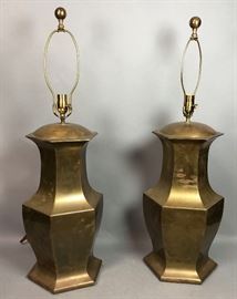 Lot 423 Pr Large Decorator Brass Lamps. Octagonal urn for