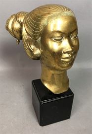 Lot 425 Heavy Brass Bust Asian Woman. Hair in chignon, sh