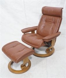Lot 465 2pc EKORNES Lounge Chair  Footstool. Reddish Bro
