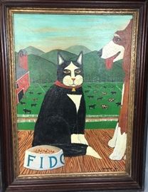 Lot 556 Signed HUNECK Folk Art Cat Dog Painting. Primitiv