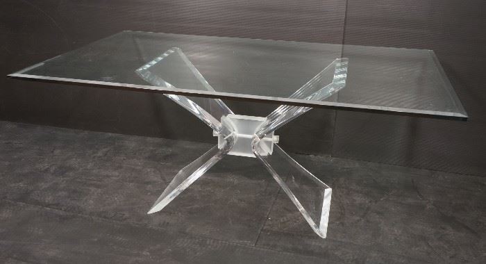 Lot 609 Modernist Glass Top Dining Table. Flared wing Luc