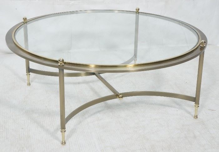 Lot 614 DIA Brass Round Cocktail Coffee Table. Inset glas