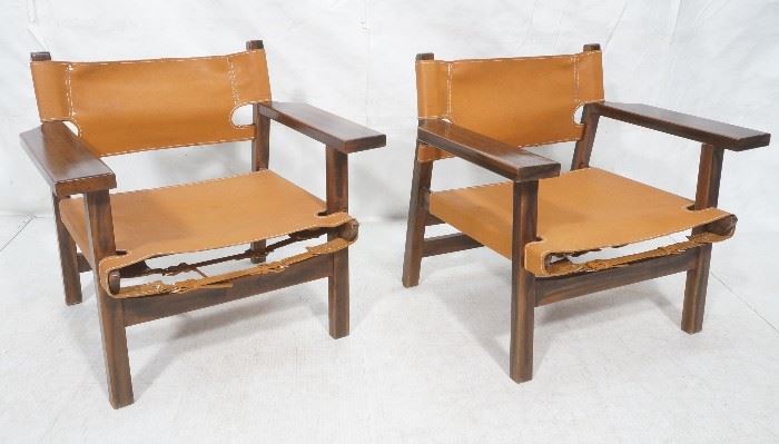 Lot 639 Pr Wood Leather Sling Safari Style Lounge Chairs.