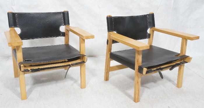 Lot 640 Pr Wood Leather Sling Safari Style Lounge Chairs.