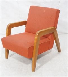 Lot 648 Mid Century Modern Red Fabric Lounge Chair. Blond