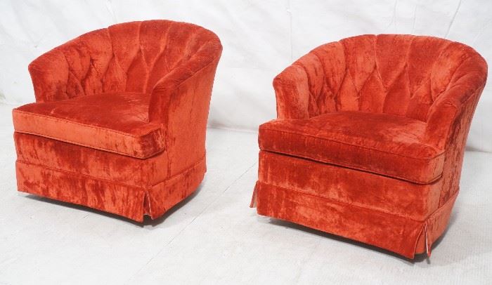 Lot 677 Pr Red Crushed Velvet Barrel Back Lounge Chairs. 