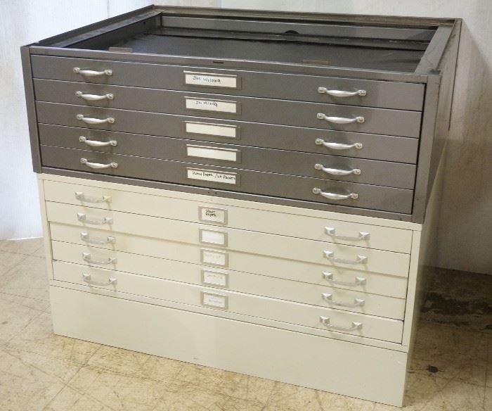 Lot 682 3Pc Metal Stacking Map Print Cabinets. One gray a