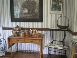 drop leaf server & copper pans, small stands & prints