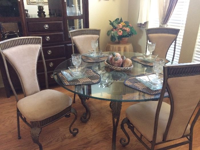 Beautiful 5 pc glass table and ornate plush chairs