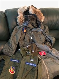 US Airforce captain flight suit, coats, caps etc 