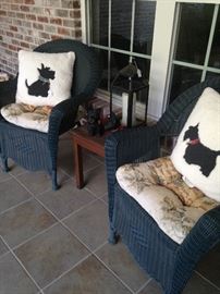 Puppie pillows; wicker chairs
