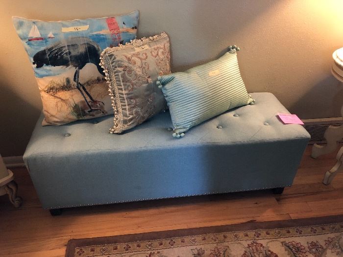Blue upholstered bed bench