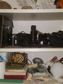 Binoculars, vintage clock, more.