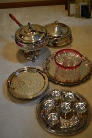 Silver platers, chafing dishes, cups, footed cranberry/glass serving bowl. Exquisite!