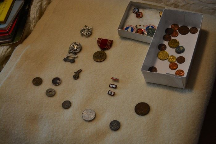 Military pins and coins.